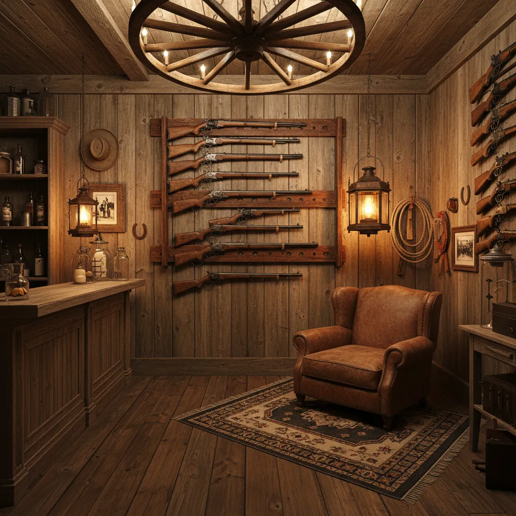 Rustic Old West style gun room with wood racks and vintage decor