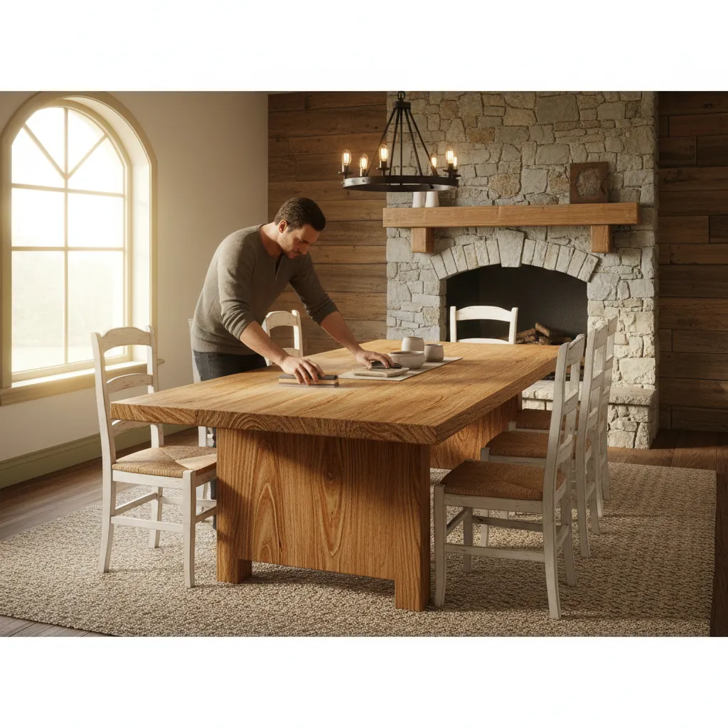 Man sanding a large wooden dining table in rustic room with stone fireplace ceiling light