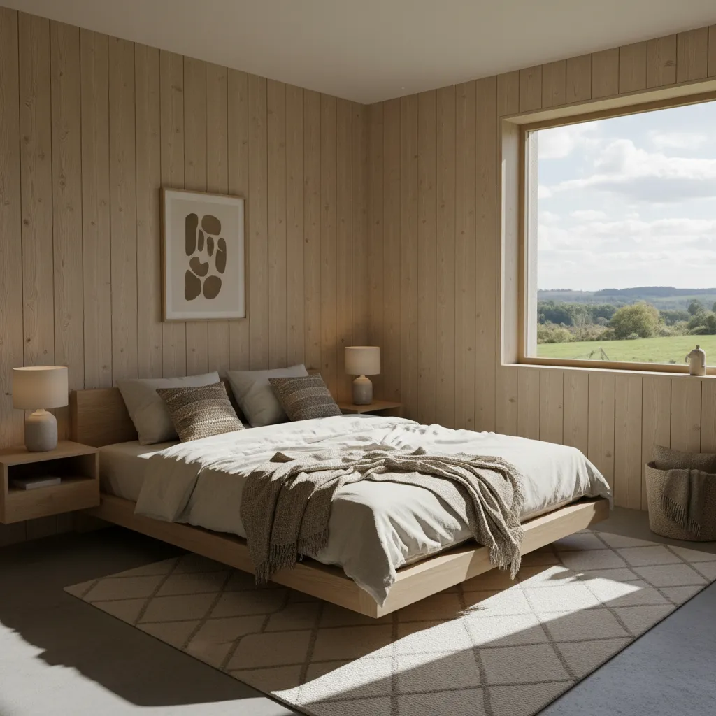 Dormitorio rústico moderno con madera clara y luz natural