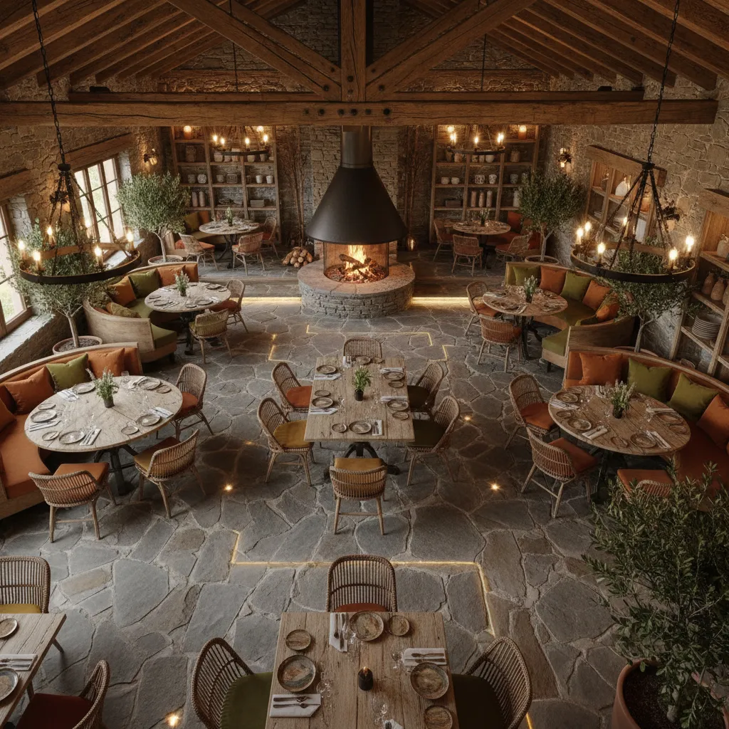 Distribución interior de mesas en restaurante rústico