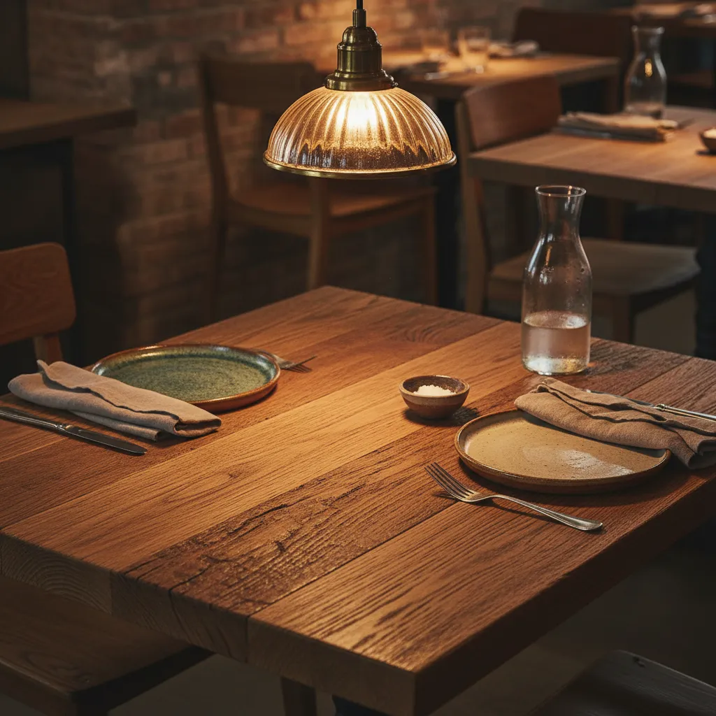 Detalle de mesa de madera rústica con iluminación cálida