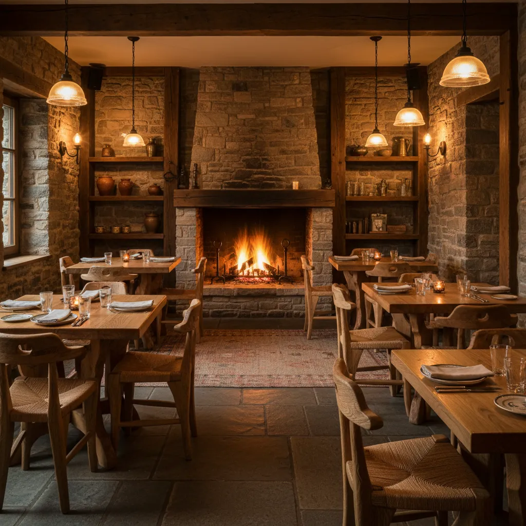 Restaurante rústico con paredes de piedra y mesas de madera maciza
