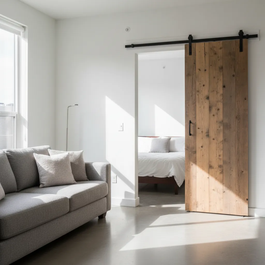 Puerta corredera rústica estilo granero en salón moderno
