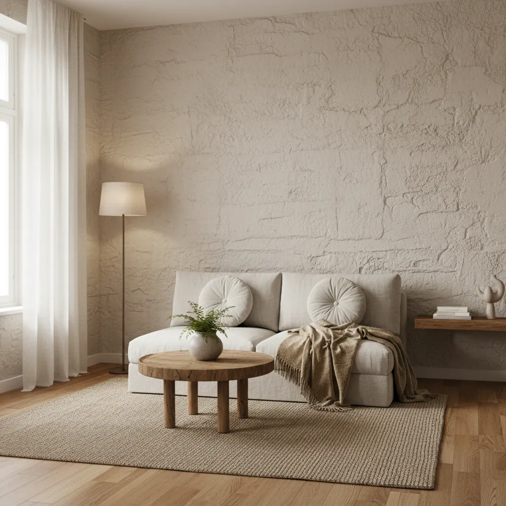 Apartamento pequeño con pared rústica clara y decoración minimalista