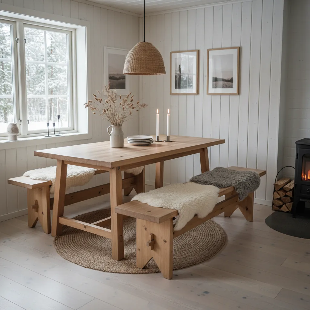Pequeño comedor rústico con mesa de madera y banco