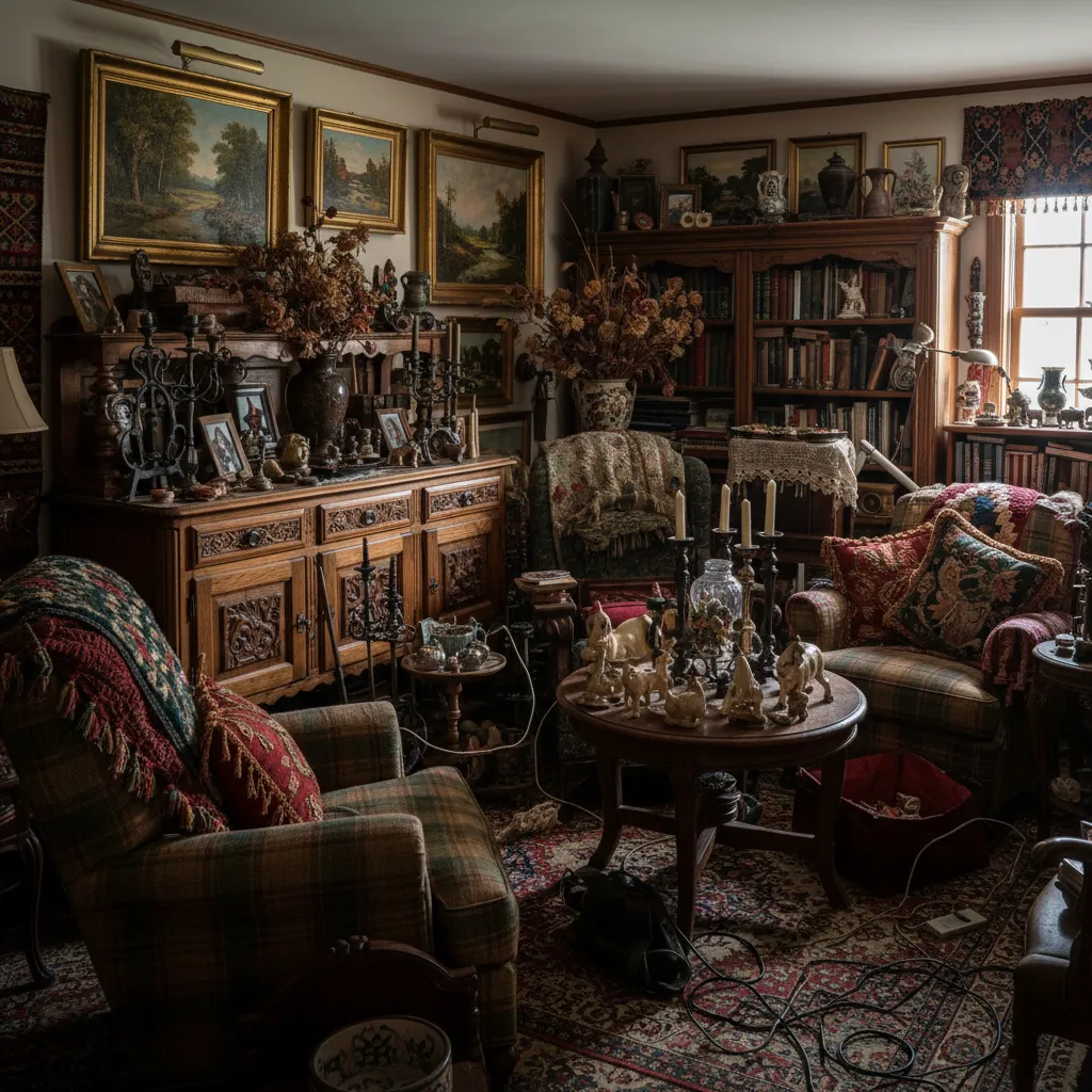 Interior rústico pequeño con demasiada decoración y muebles grandes