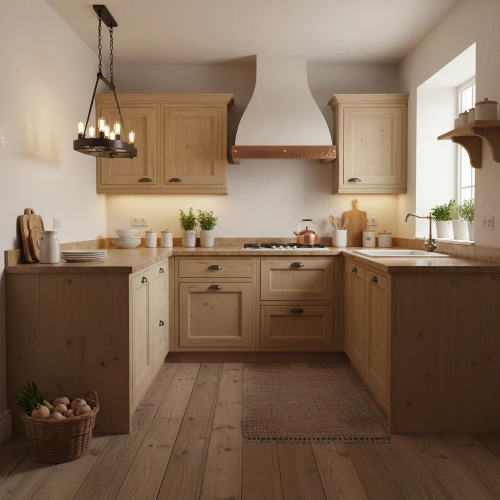 Cocina rústica pequeña con muebles de madera clara y diseño funcional