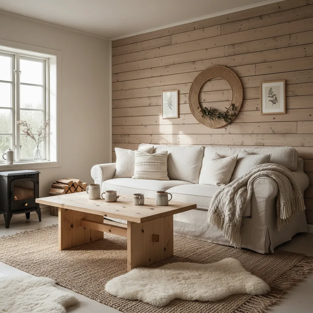 Sala pequeña con decoración rústica y muebles de madera clara