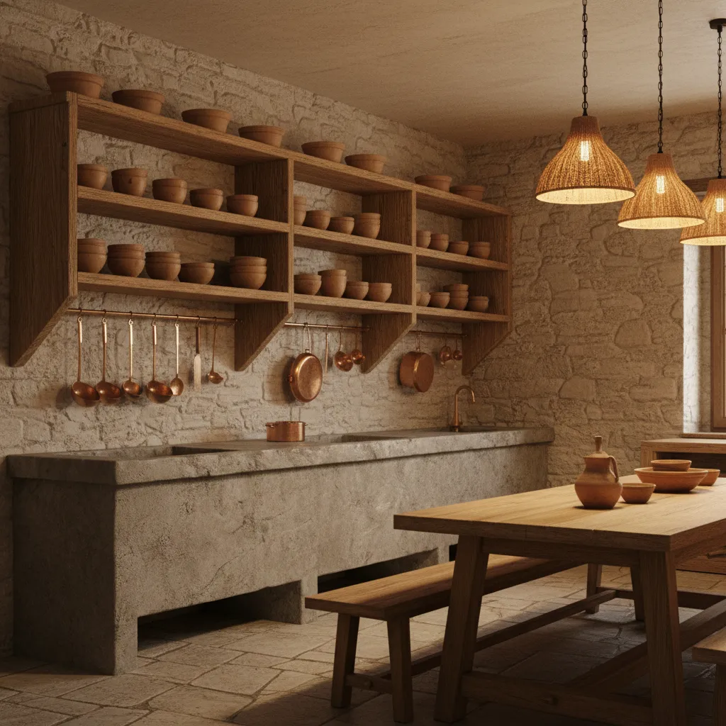 rustic soup kitchen with wood shelves stone counters and warm lighting