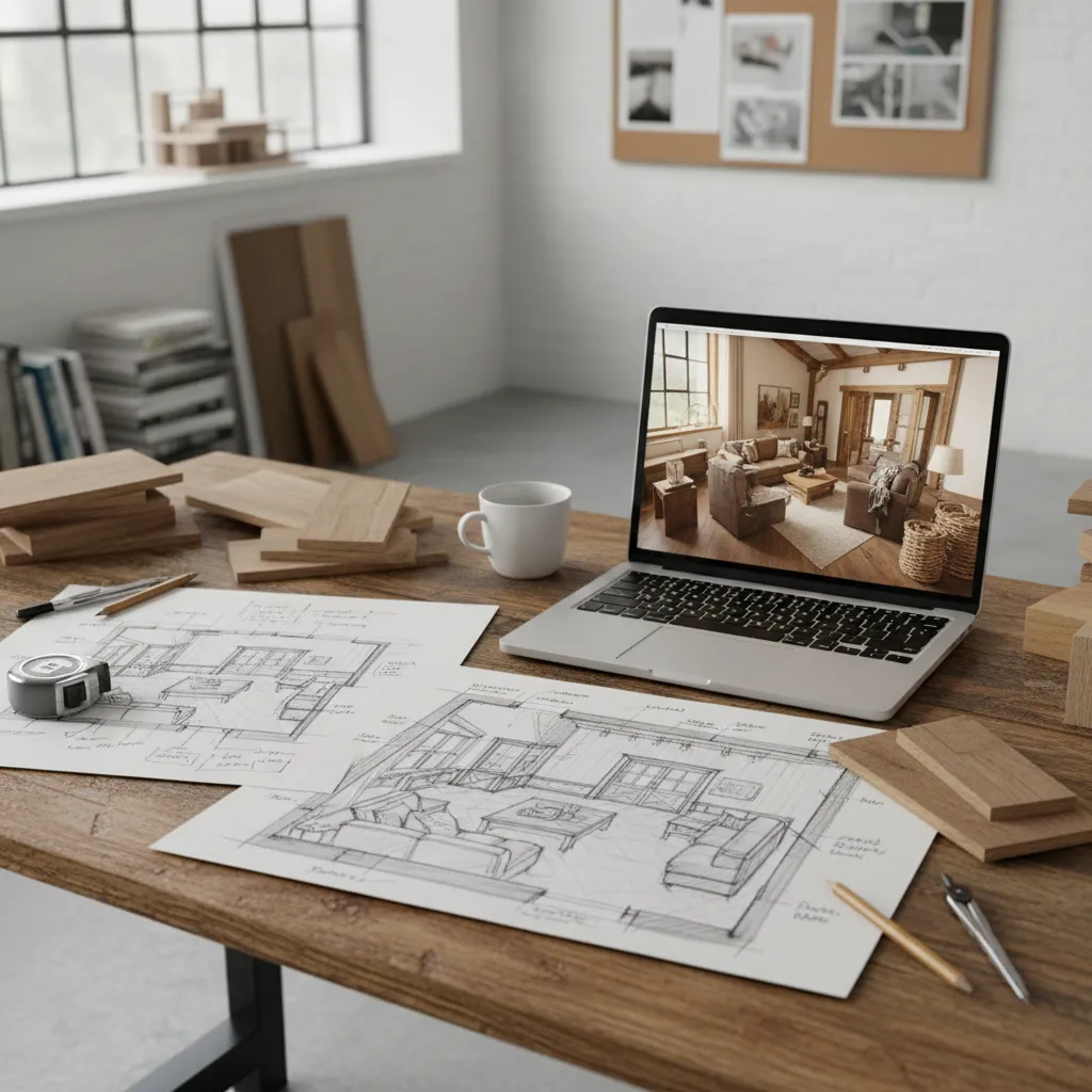 Planificación de un salón rústico con distribución equilibrada