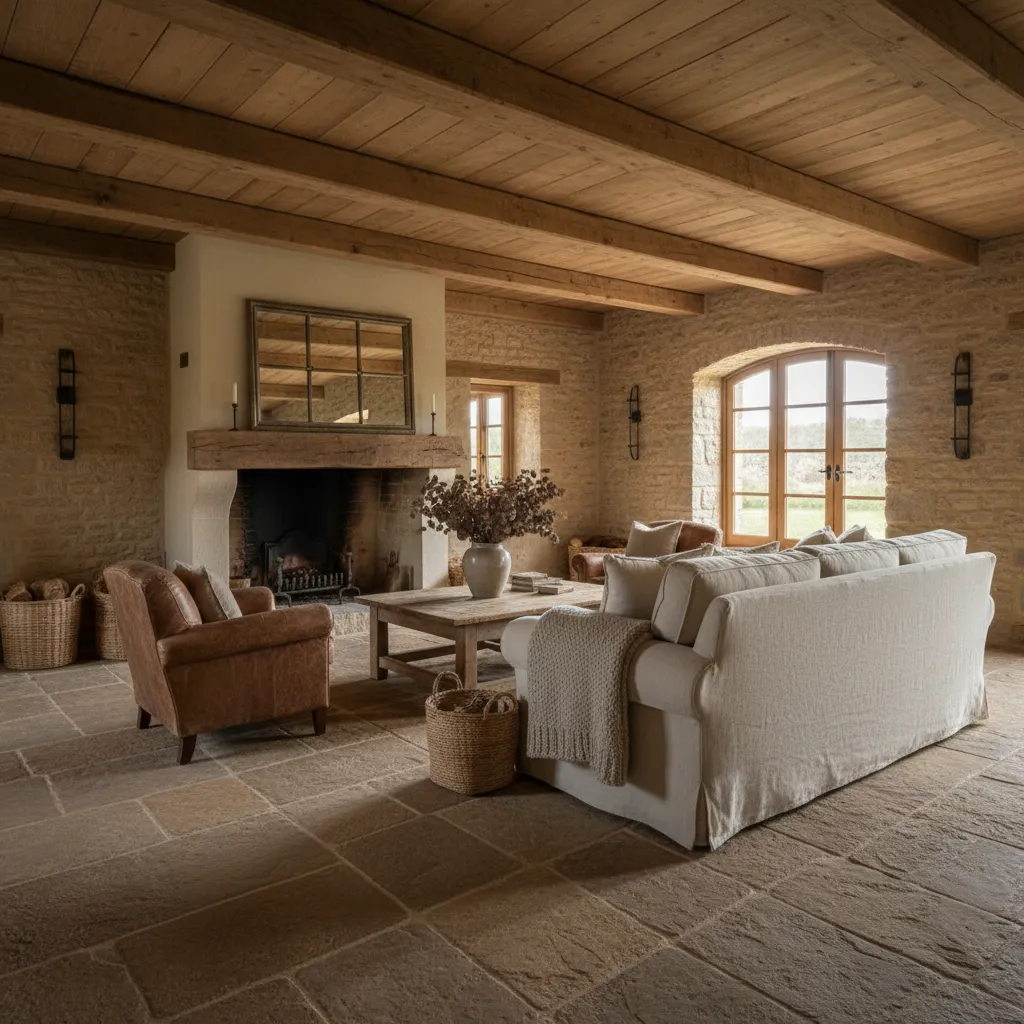 Piso de piedra natural en un interior rústico