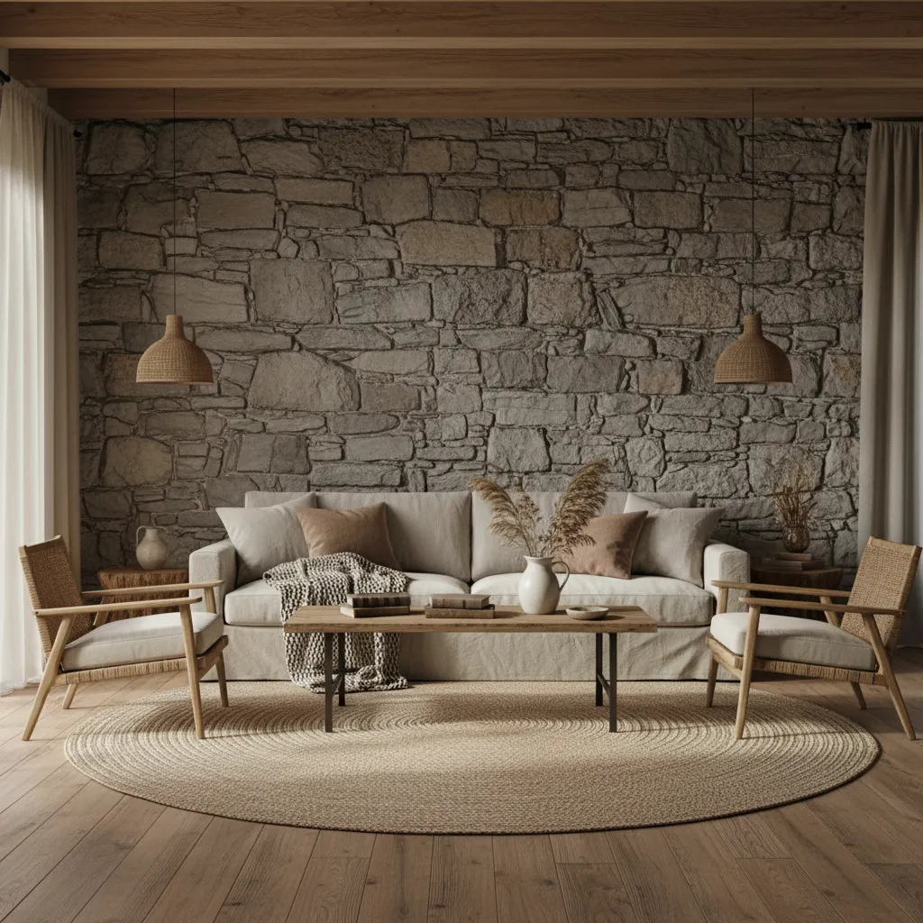 Rustic living room with stone wall beige sofa wooden coffee table round rug and ceiling light