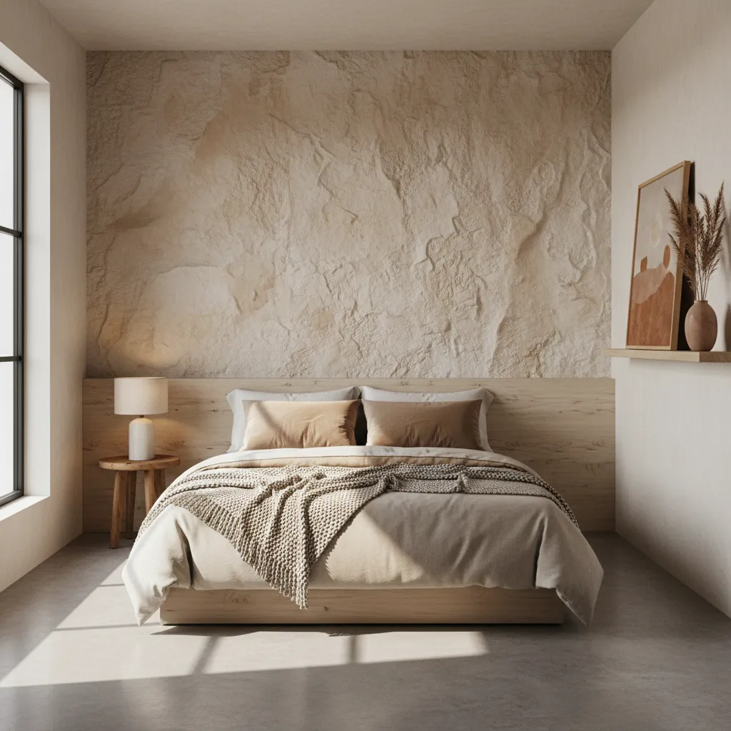 small bedroom with rustic textured wall and minimalist furniture