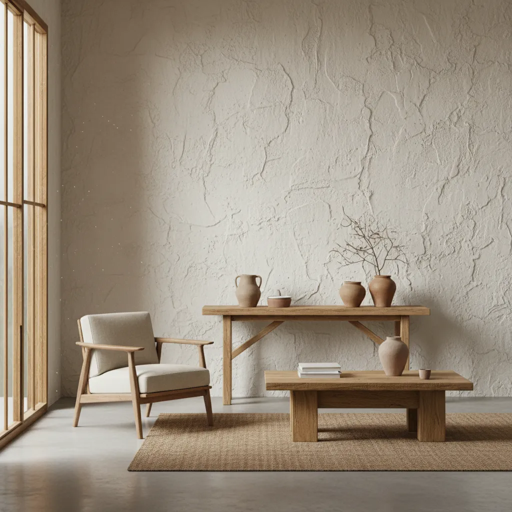 Pared rústica interior pintada en tonos blanco roto con decoración natural