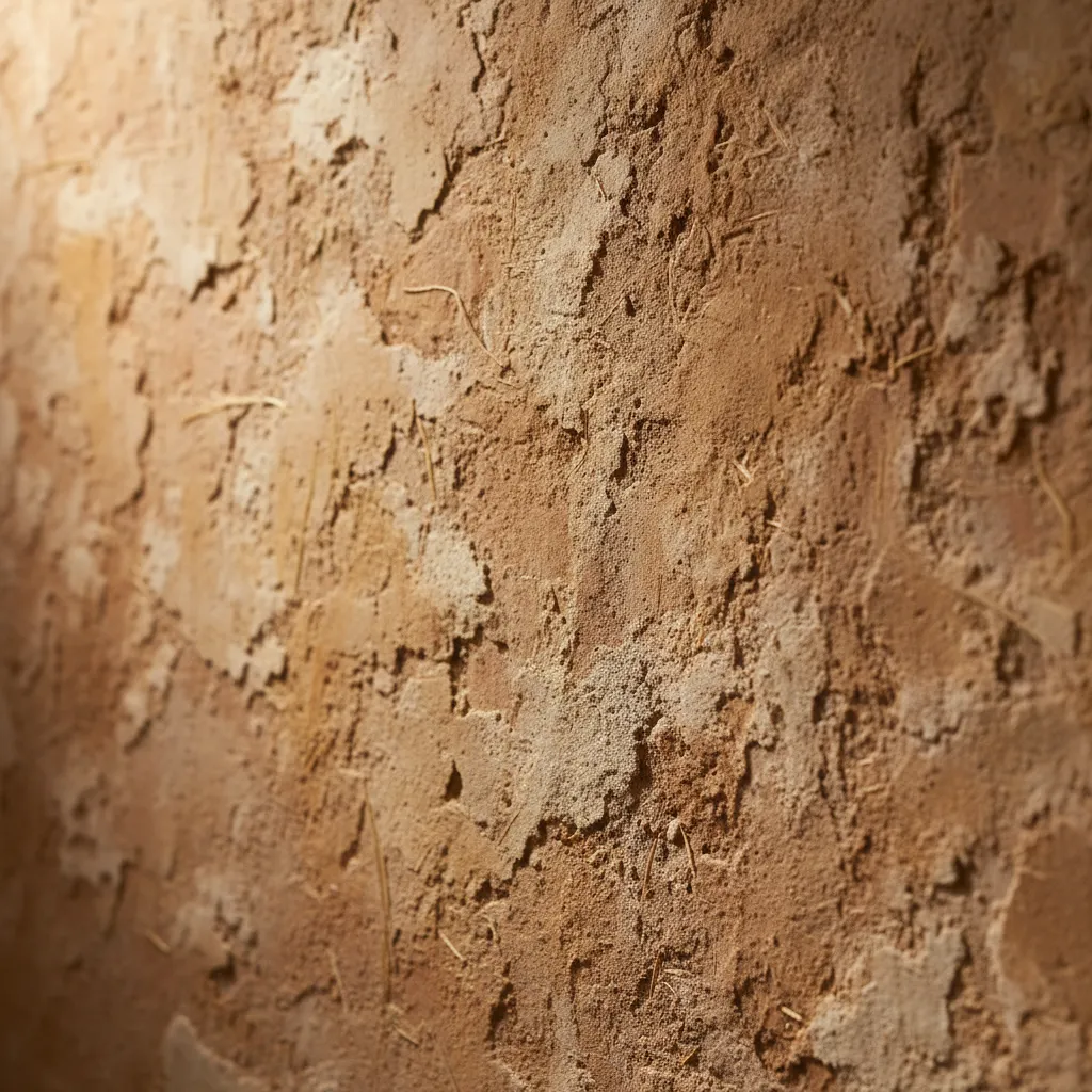 Detalle de pared rústica con textura de estuco y luz cálida