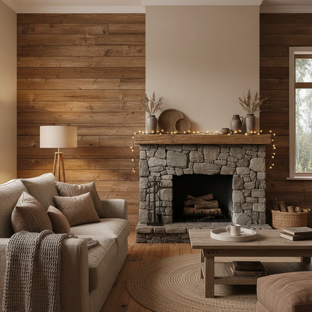 Pared rústica combinando madera natural y pintura clara