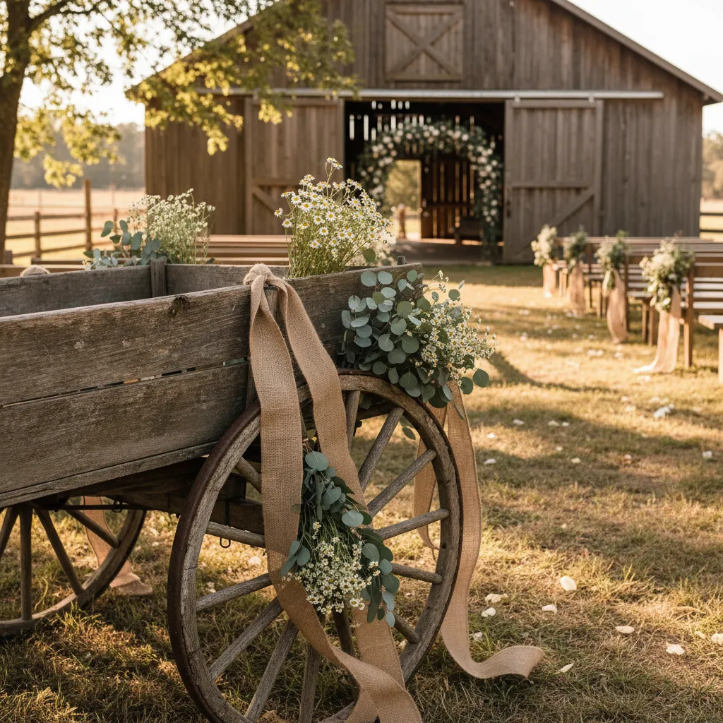 Rustic wooden wagon decorated with greenery and wildflowers for a wedding ceremony