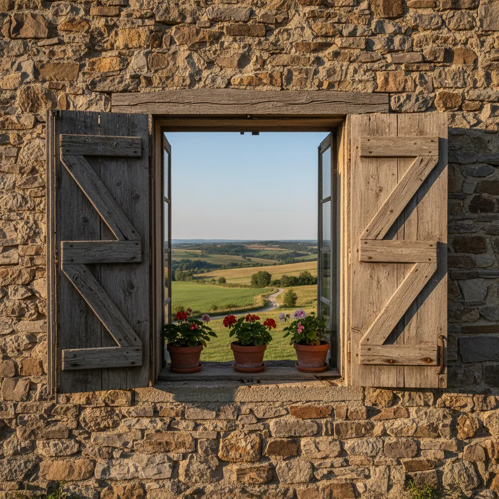 Open wood window shutters on stone wall with flower pots and green valley view outside