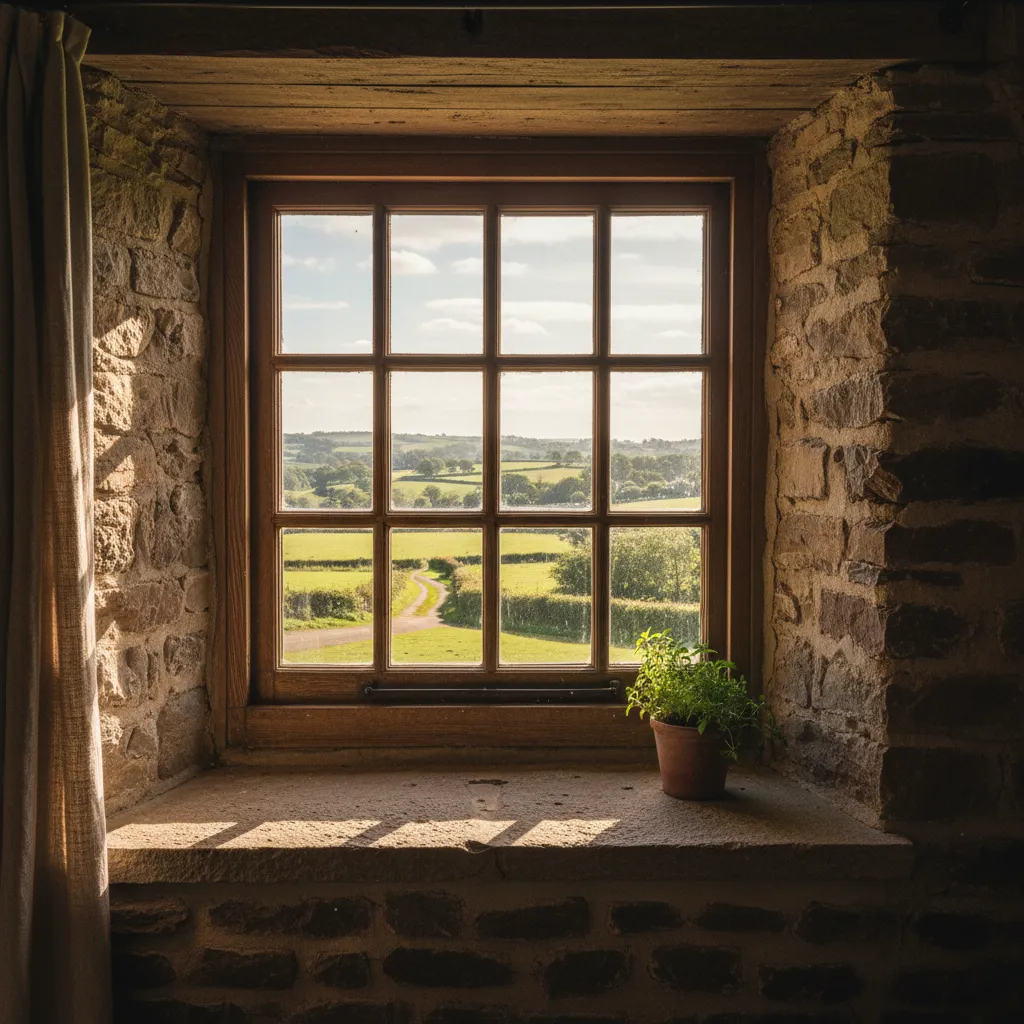 Wood window frame in stone wall with small green plant looking out at green countryside