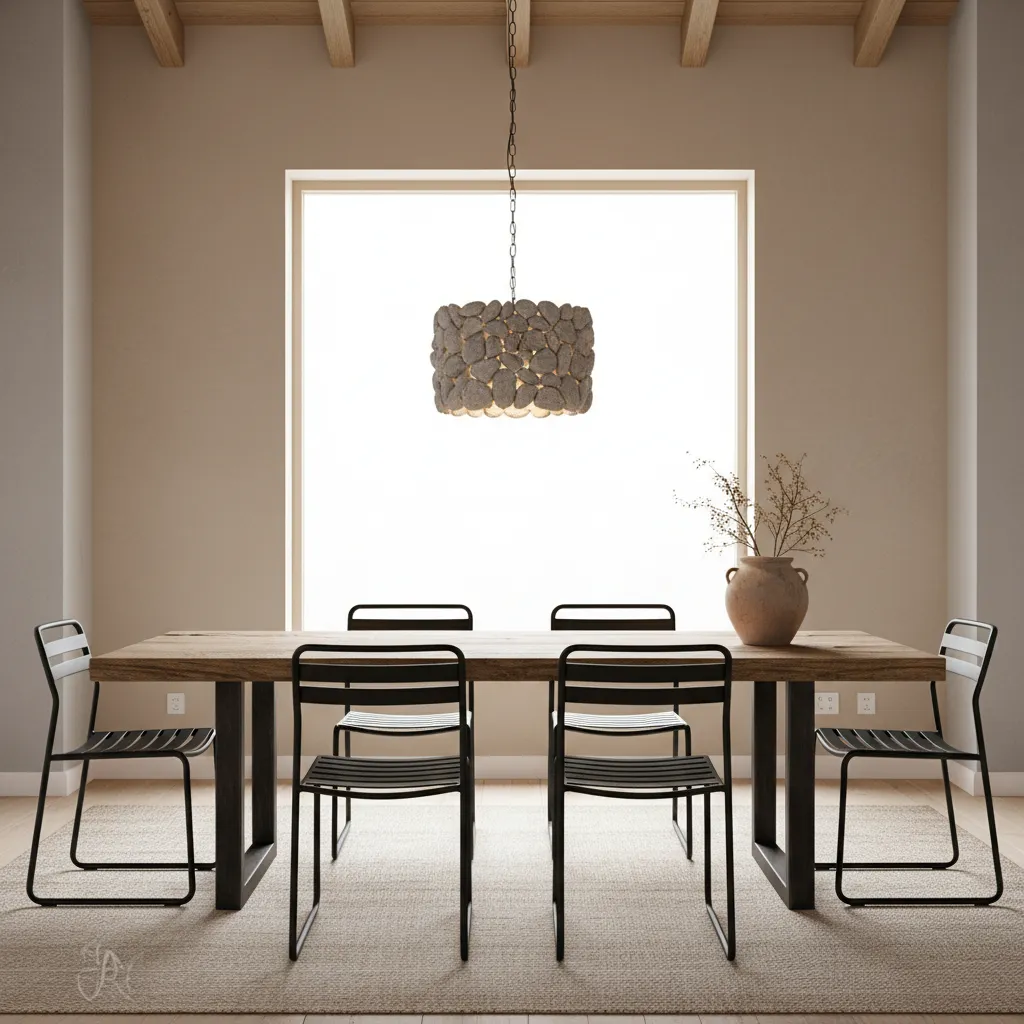 Rustic dining room mixing wood table with modern metal chairs and pendant lighting