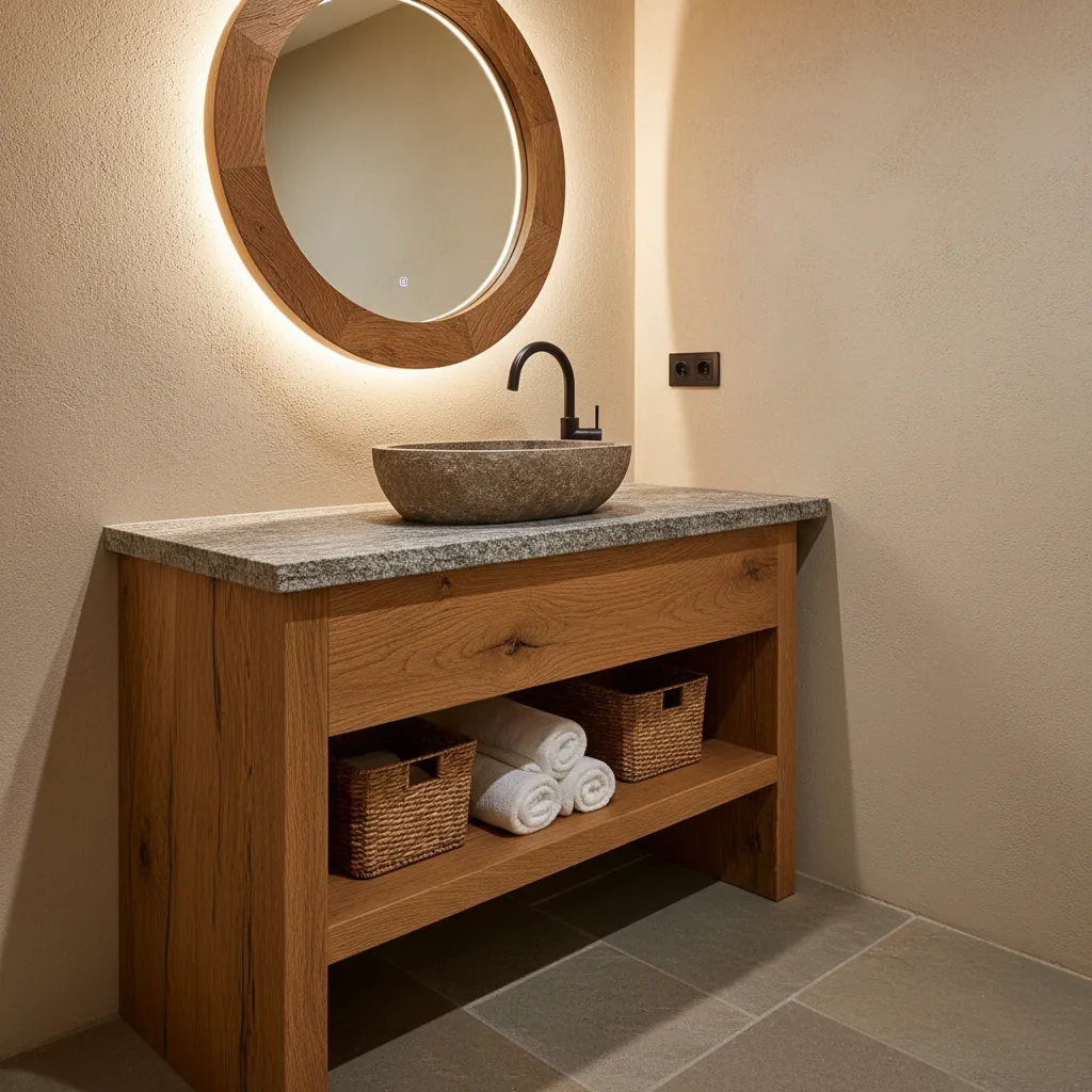 solid wood rustic bathroom vanity with open shelving and stone sink