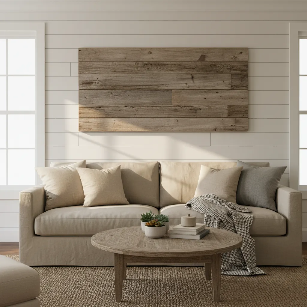 Rustic reclaimed wood farmhouse wall decor sign above sofa
