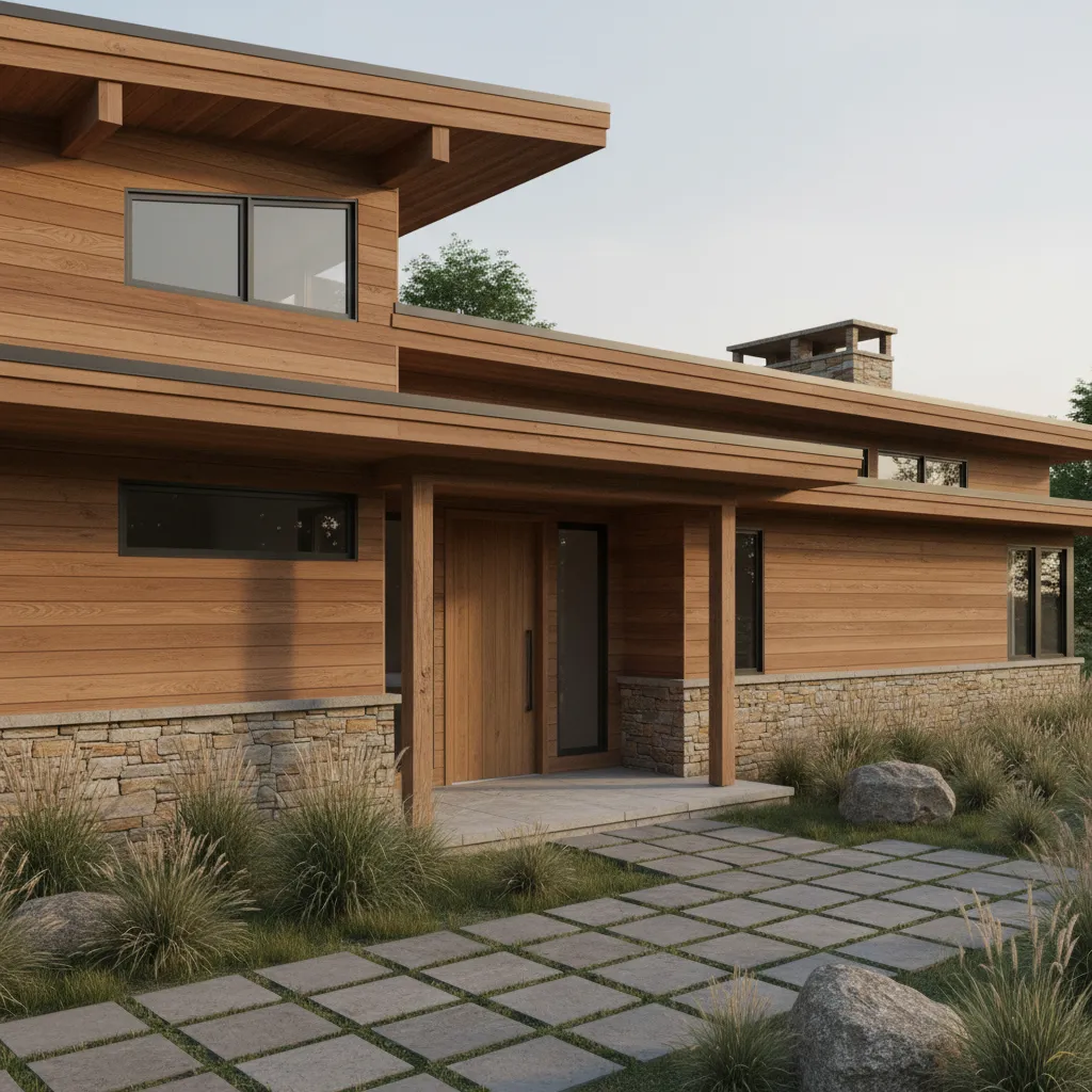Close view of modern rustic wood siding with warm stain