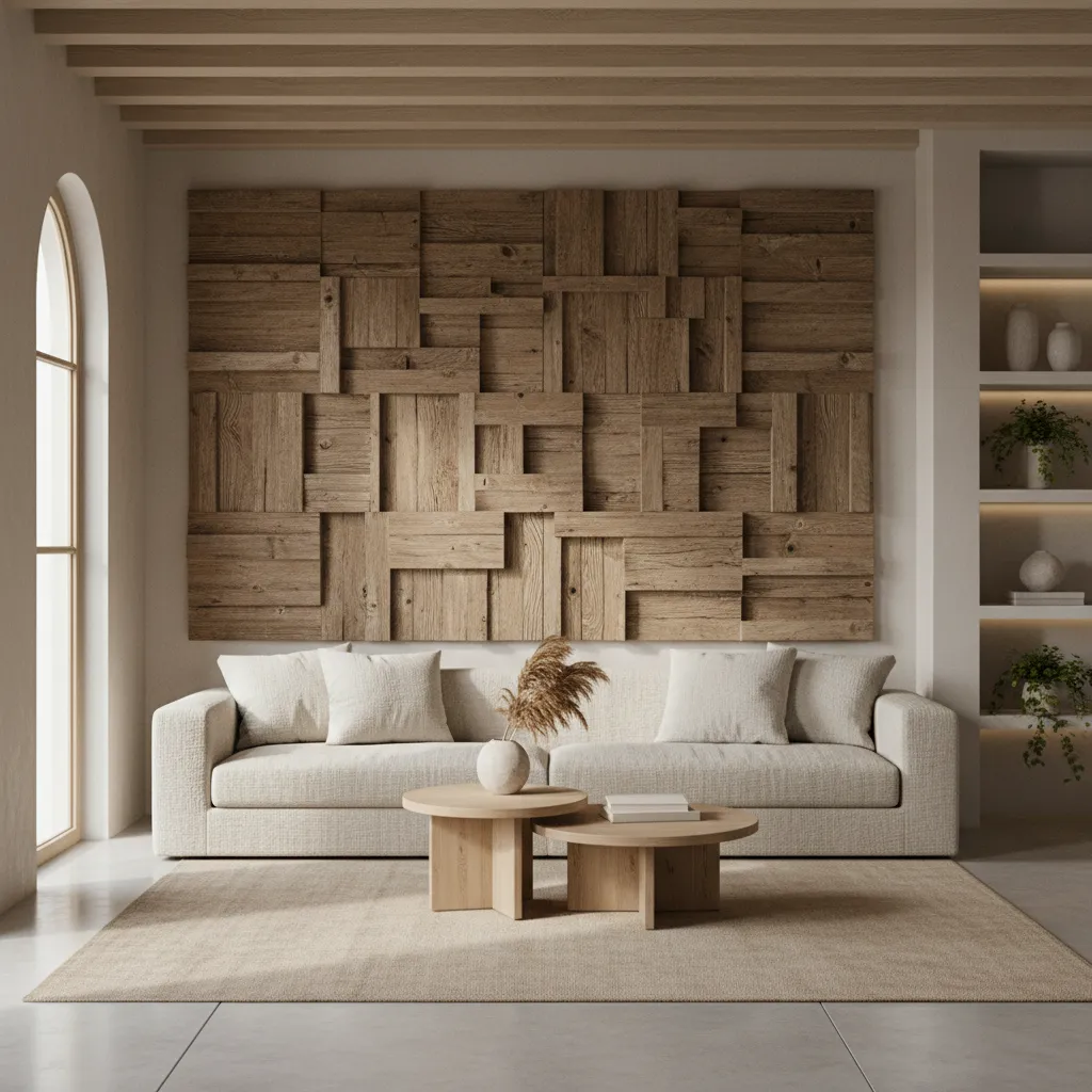 rustic wooden wall decorations in a modern minimalist living room