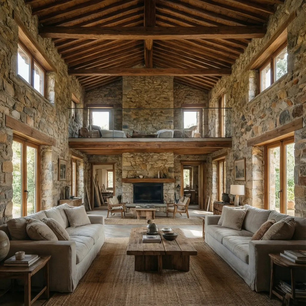 Casa rústica renovada con paredes de piedra y mobiliario moderno