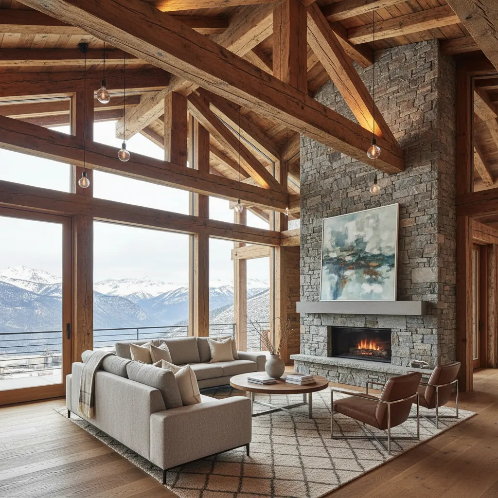 Interior que mezcla vigas rústicas con muebles modernos