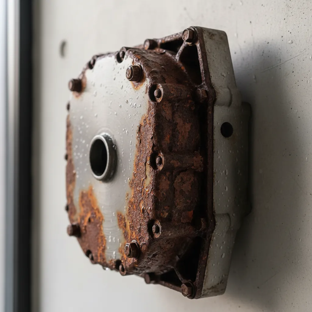 Close up of rust forming on metal car part bathroom decor in humid environment