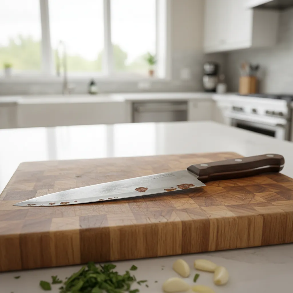 rust spots on a kitchen knife blade on wooden cutting board