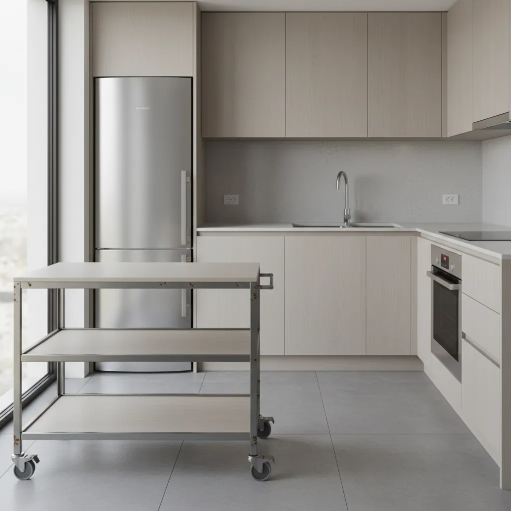 Kitchen trolley with visible rust spots on metal frame near sink