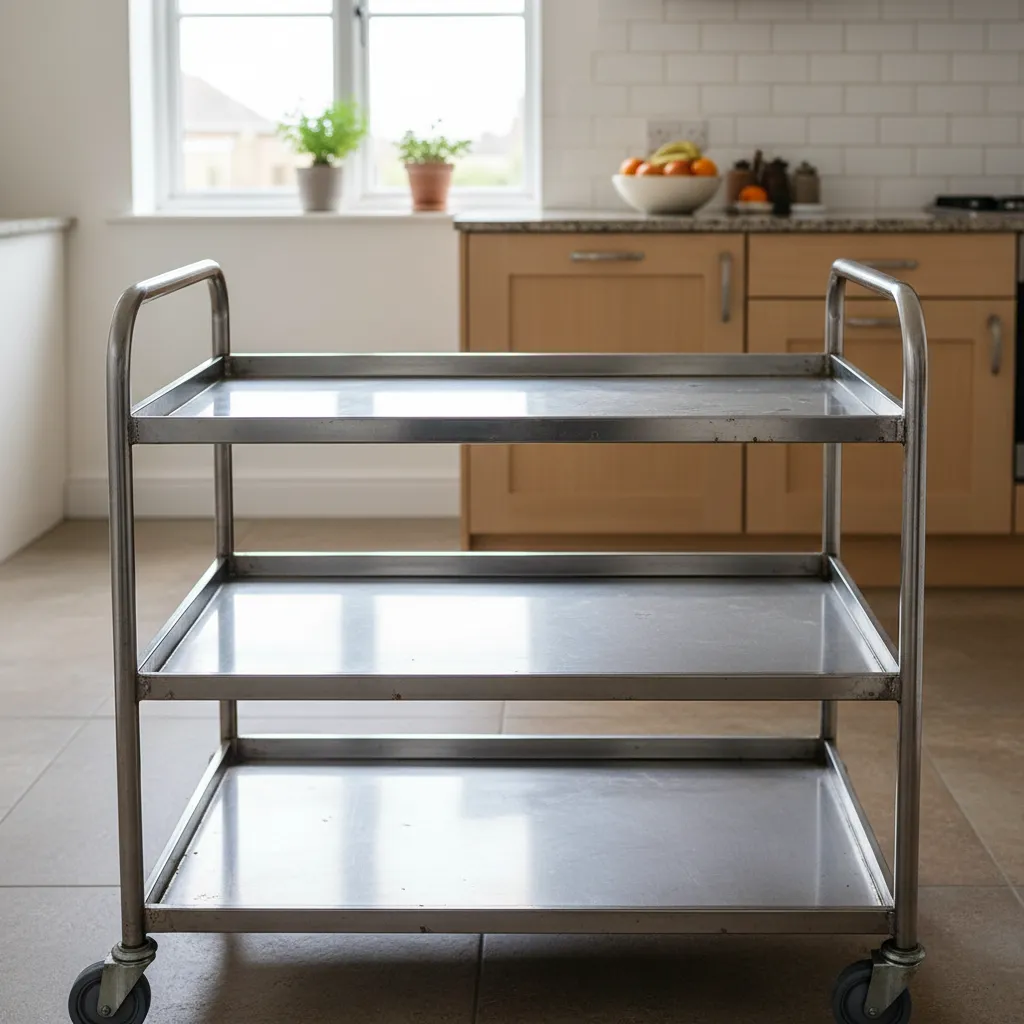 metal kitchen trolley shelves showing small rust spots in a home kitchen