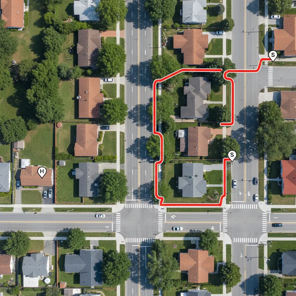 Denah dengan jalur perjalanan dari rumah menuju sekolah