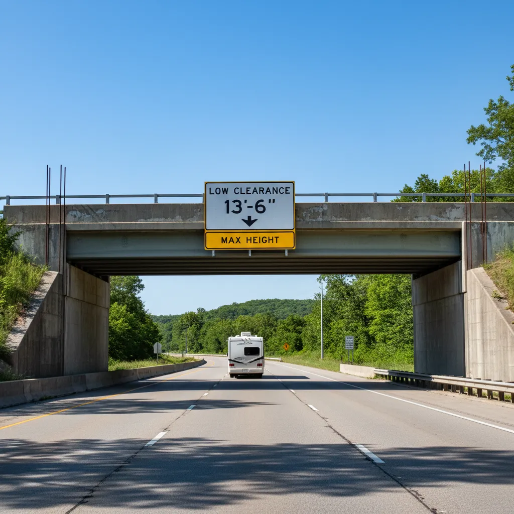 Bridge clearance warning sign above roadway illustrating height restrictions