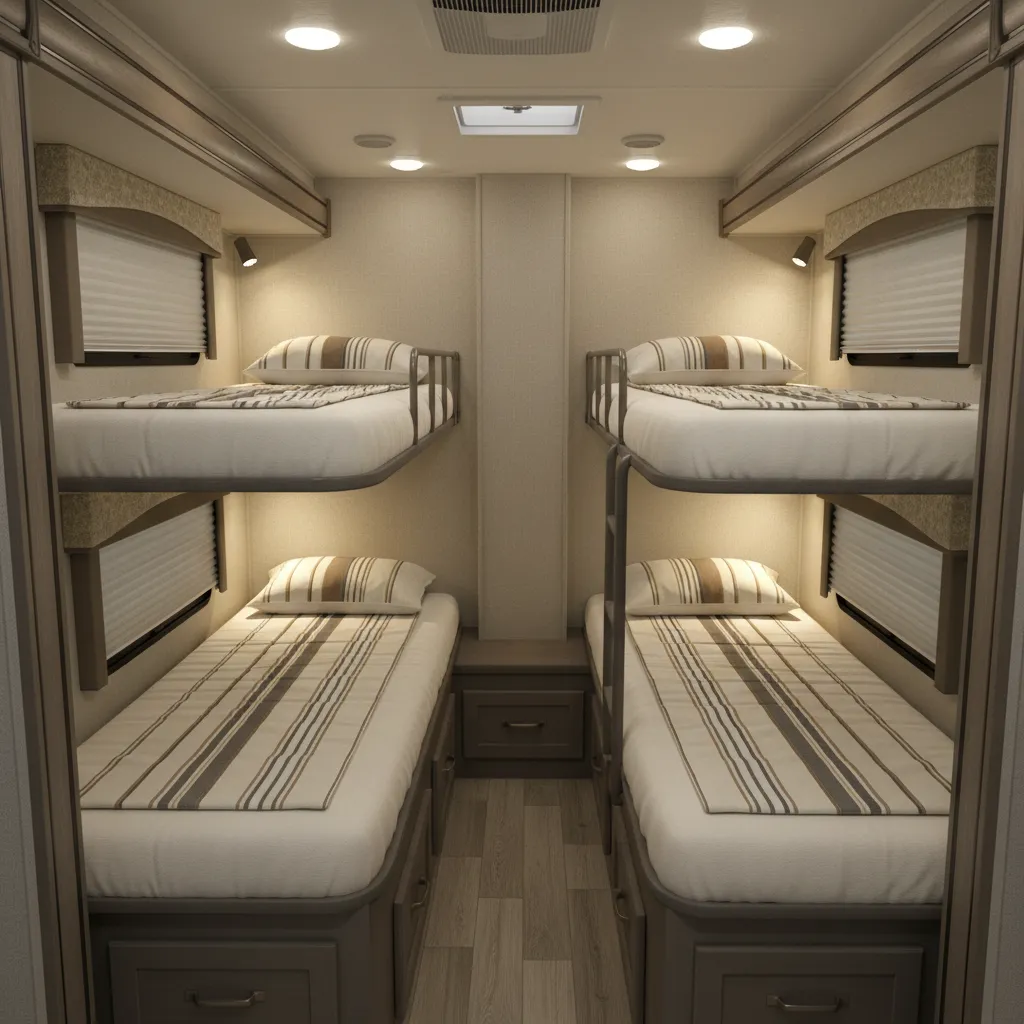 RV bunkhouse layout with double bunks and family sleeping area