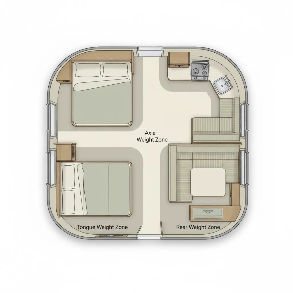 Illustration of weight distribution zones in a vintage RV floor layout