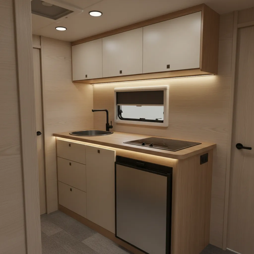Compact RV kitchen with battery powered under cabinet lighting