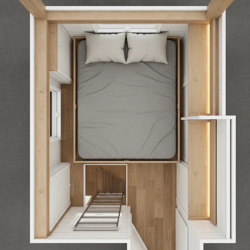top view visualization of RV loft layout with mattress and circulation space