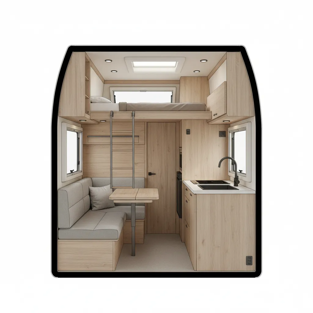Cutaway layout showing how loft sleeping space saves floor area in an RV
