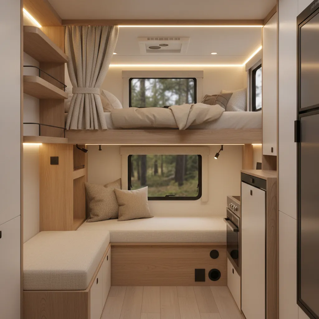rv loft with soft LED strip lighting and privacy curtain