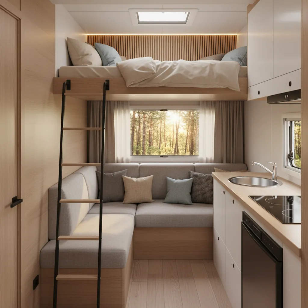 Interior of RV with compact sleeping loft above main living area