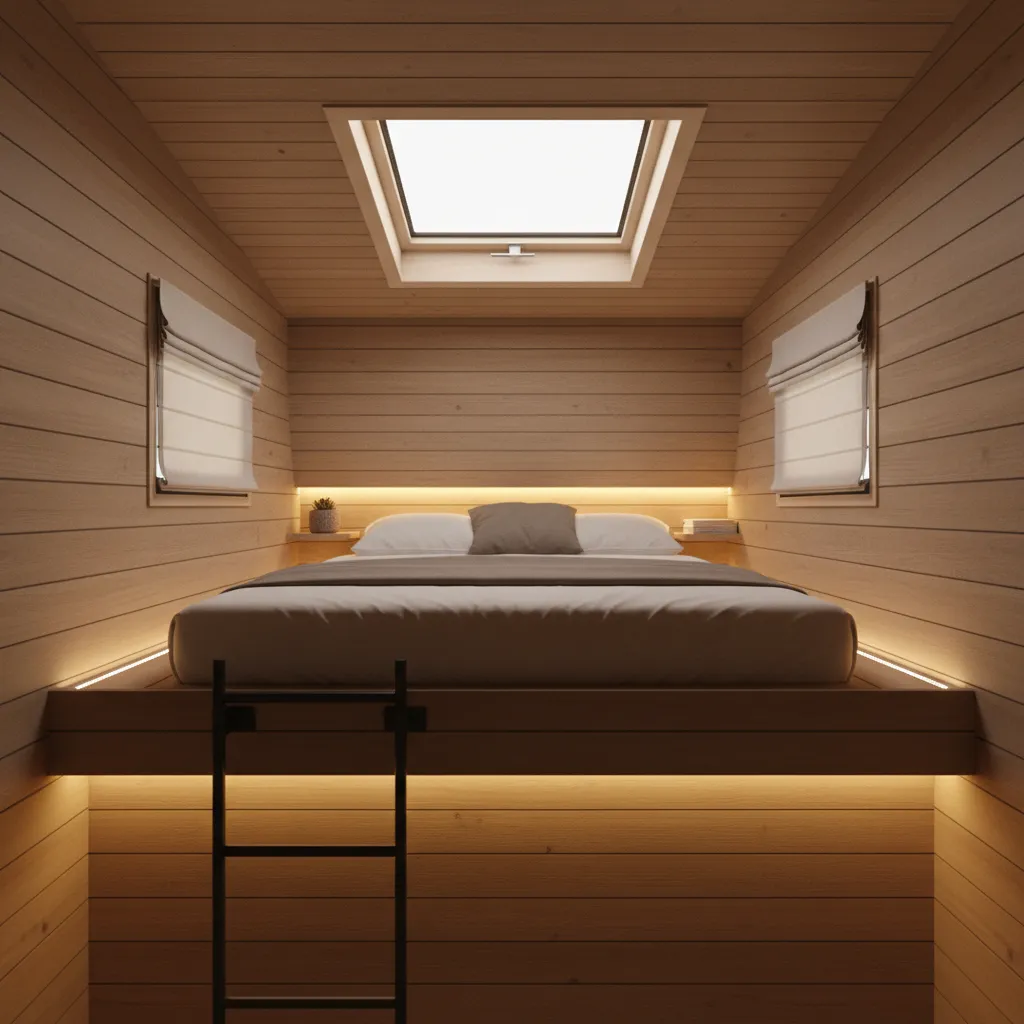 cozy RV loft sleeping area with mattress platform and skylight
