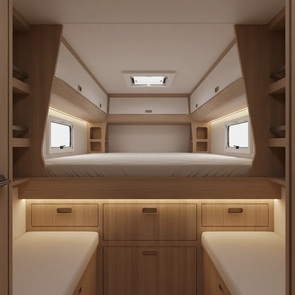 rv loft with shallow wall shelves and under bed storage compartments