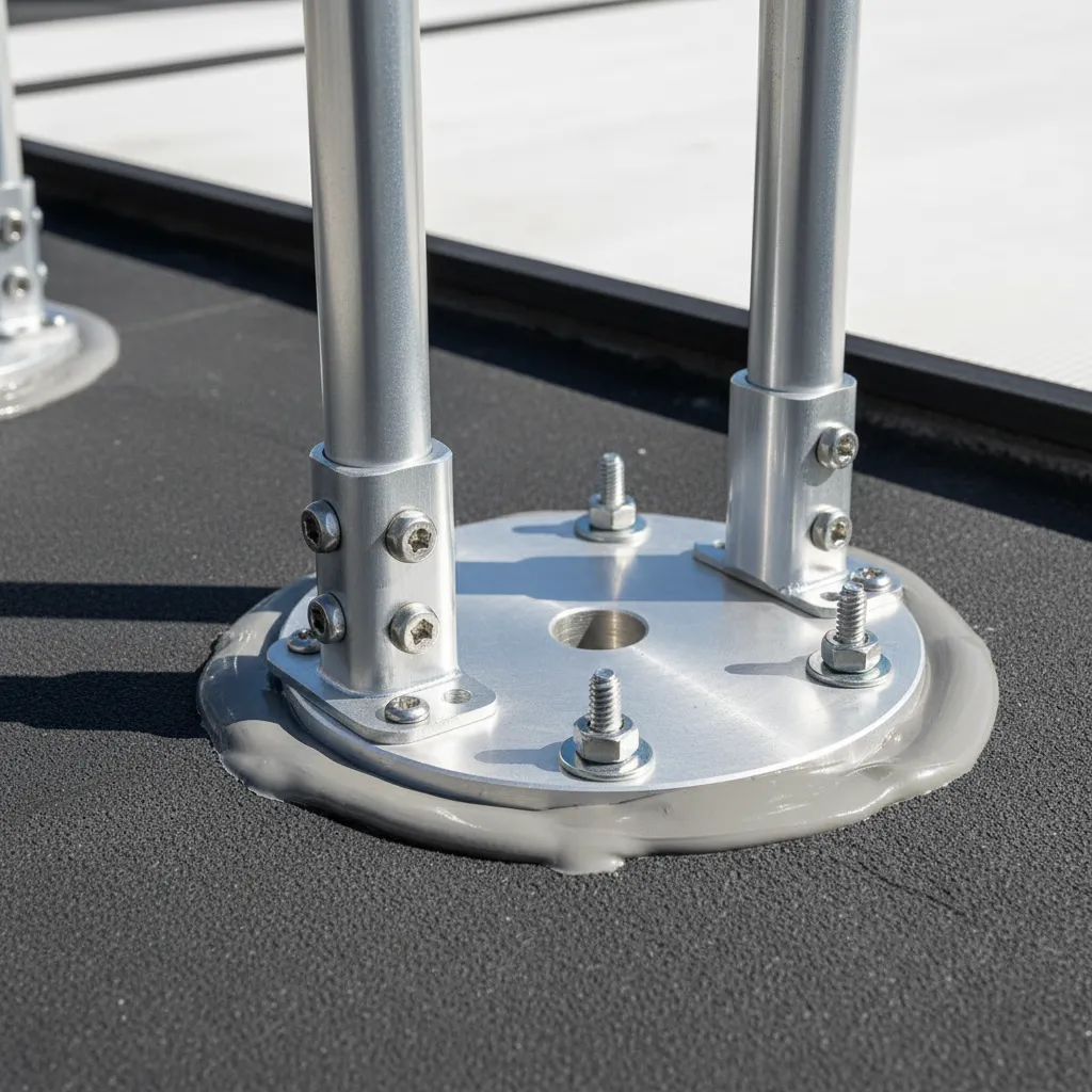 close view of RV rooftop deck mounting and waterproof sealing detail