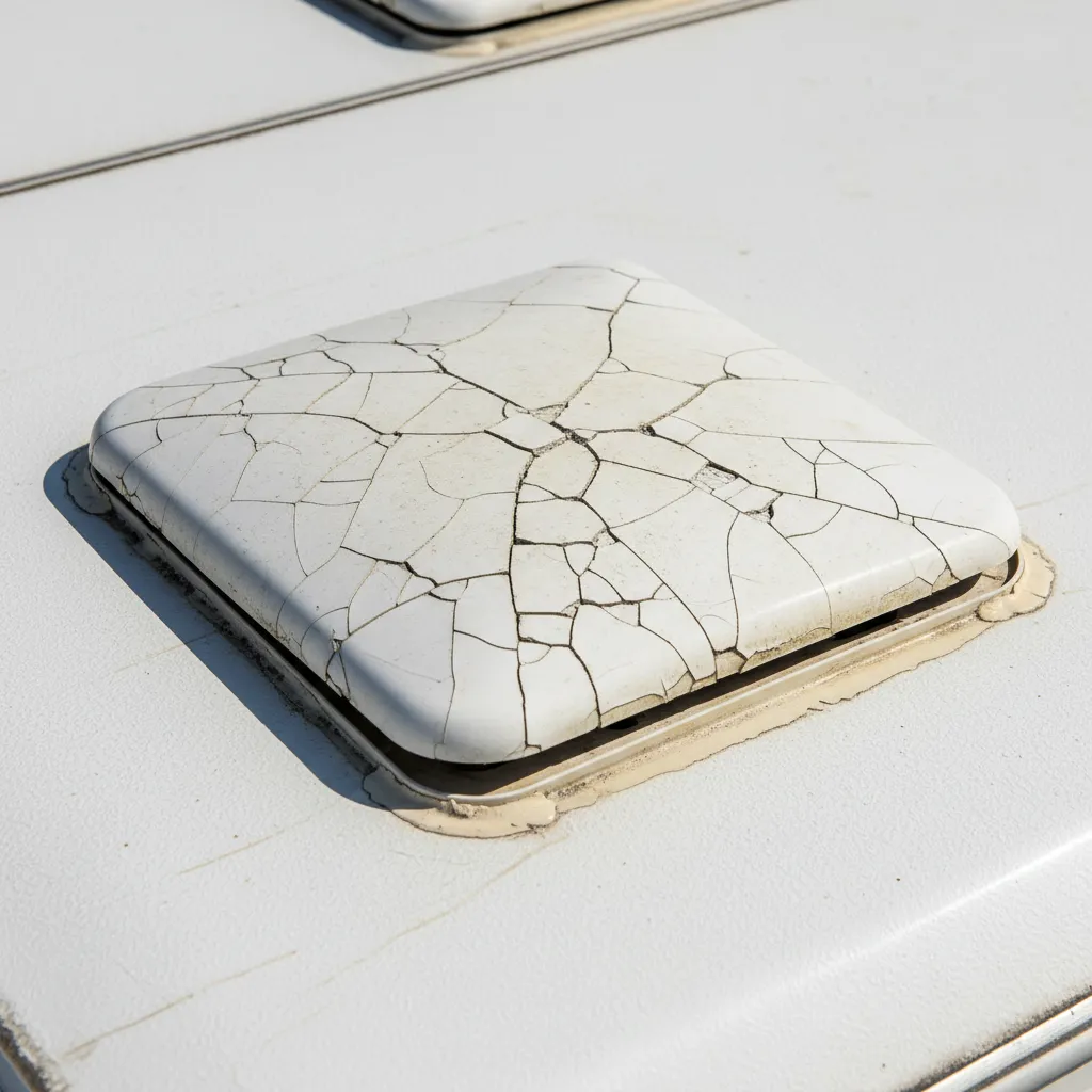 Close-up of cracked plastic RV roof vent cover on camper roof