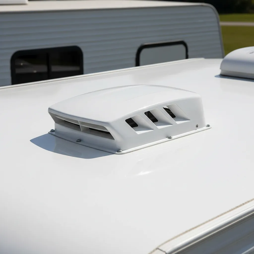 Close view of an RV roof vent cap installed on a camper roof