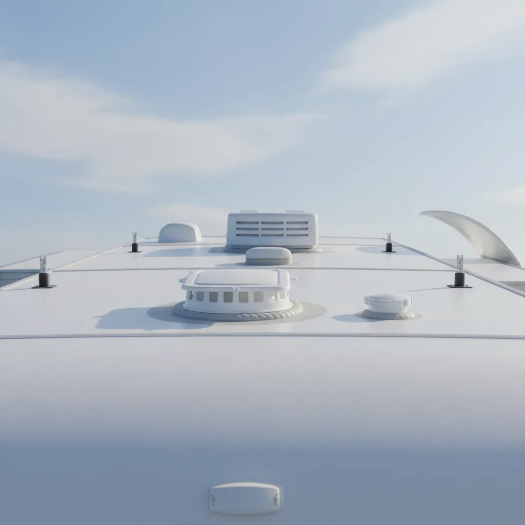 RV roof showing installed ventilation cap on a travel trailer