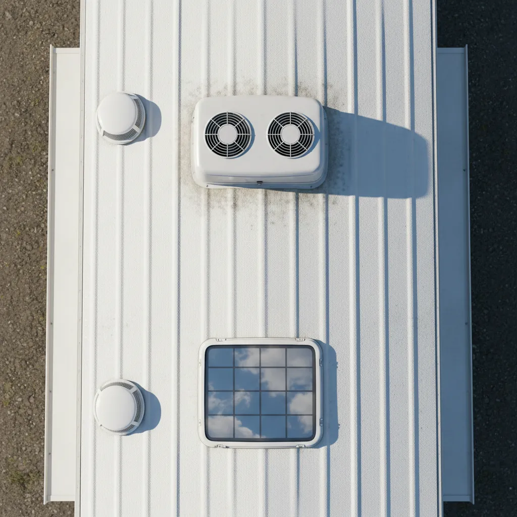 RV roof with multiple vent caps and skylights on a travel trailer